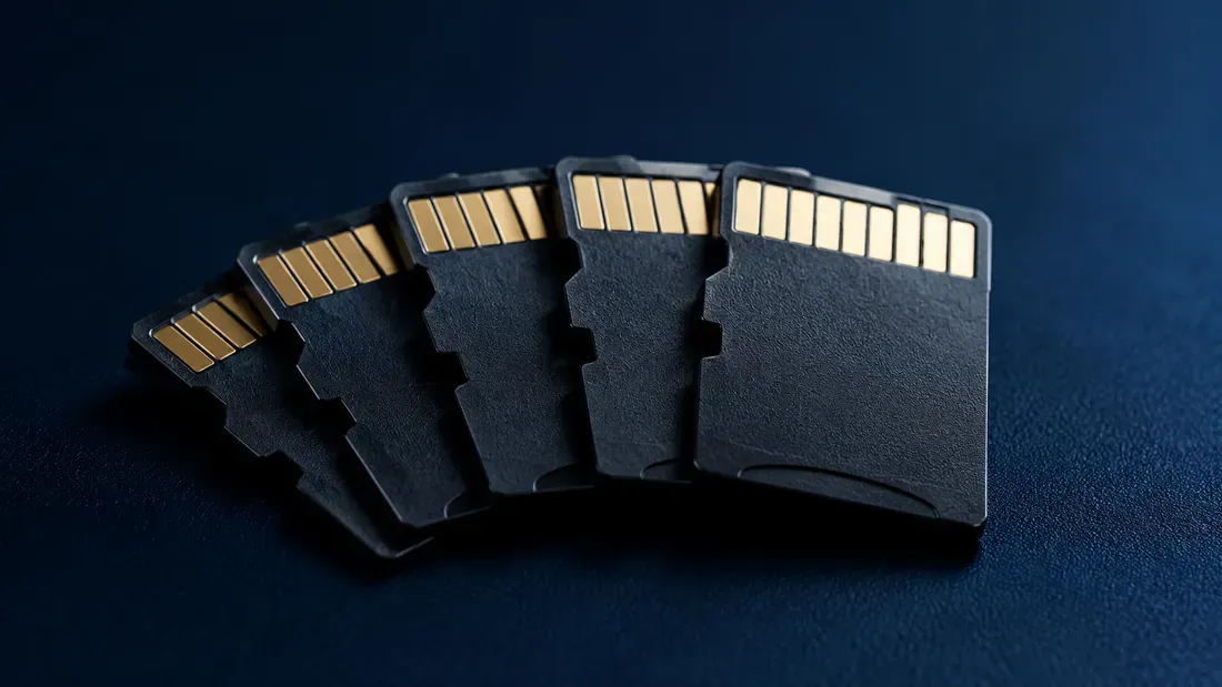 Several unbranded memory cards of different sizes arranged in a fan