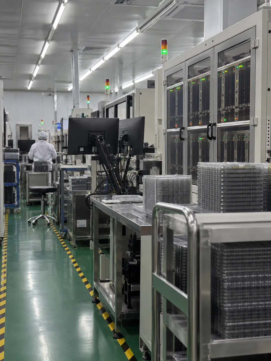 AI-generated illustration of a storage production aisle, not a speed-test record