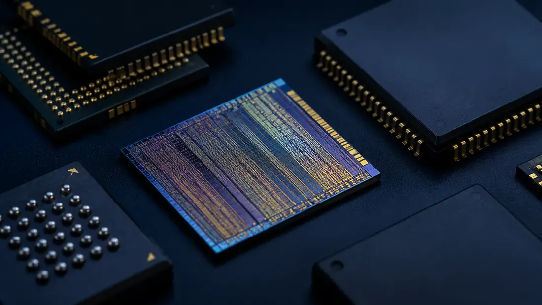 Exposed semiconductor die surrounded by black chip packages and a BGA solder-ball grid