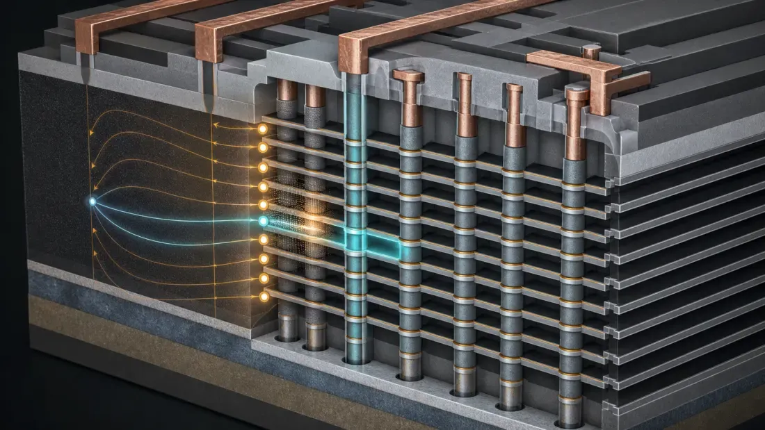 Isometric educational cutaway of vertical NAND strings showing a selected wordline, pass-through bias and neighboring-cell coupling