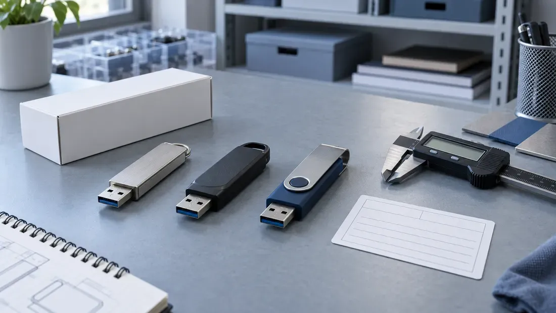 Three assembled USB flash drives with different housings beside a blank package and caliper