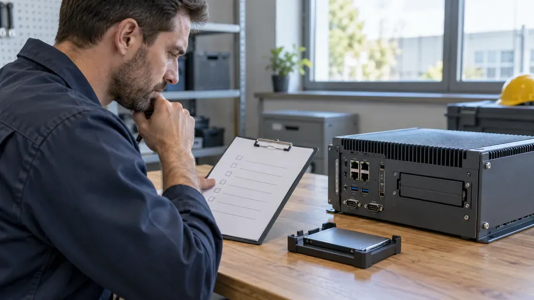 Engineer reviewing an enclosed SSD beside an industrial computer