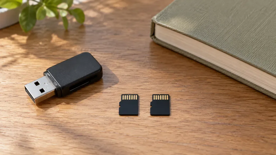 USB card reader and two separate microSD cards on a desk