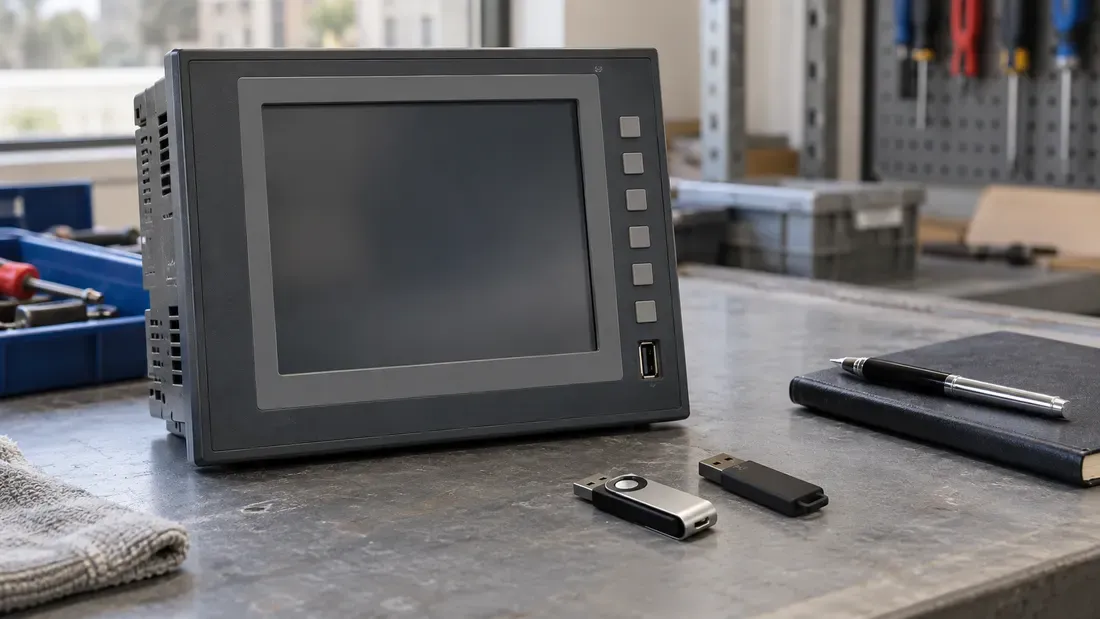 Industrial HMI with two USB drive candidates beside it
