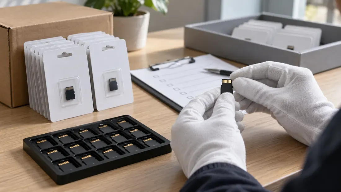 Gloved worker checking packaged microSD card samples and a blank list