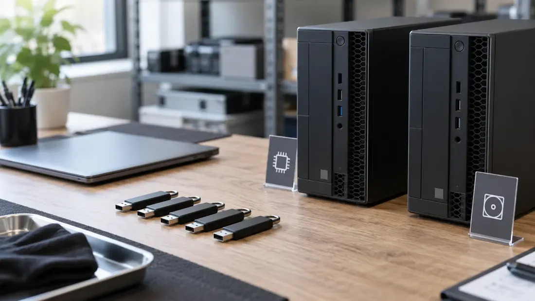 Several USB drives beside two desktop computers for boot testing