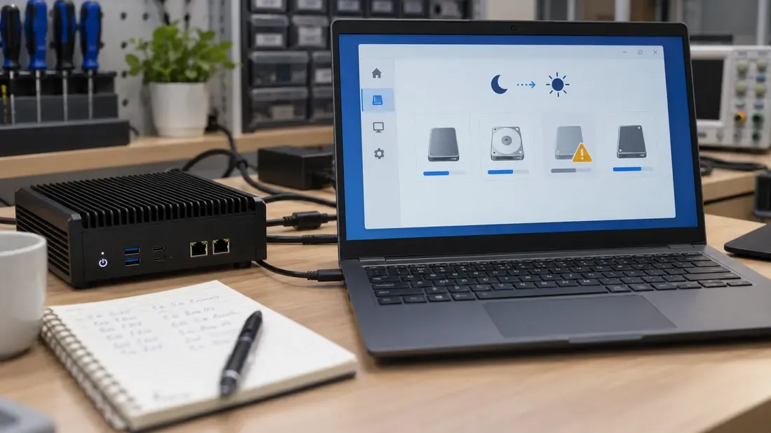 Embedded computer beside a laptop with a conceptual sleep and wake display