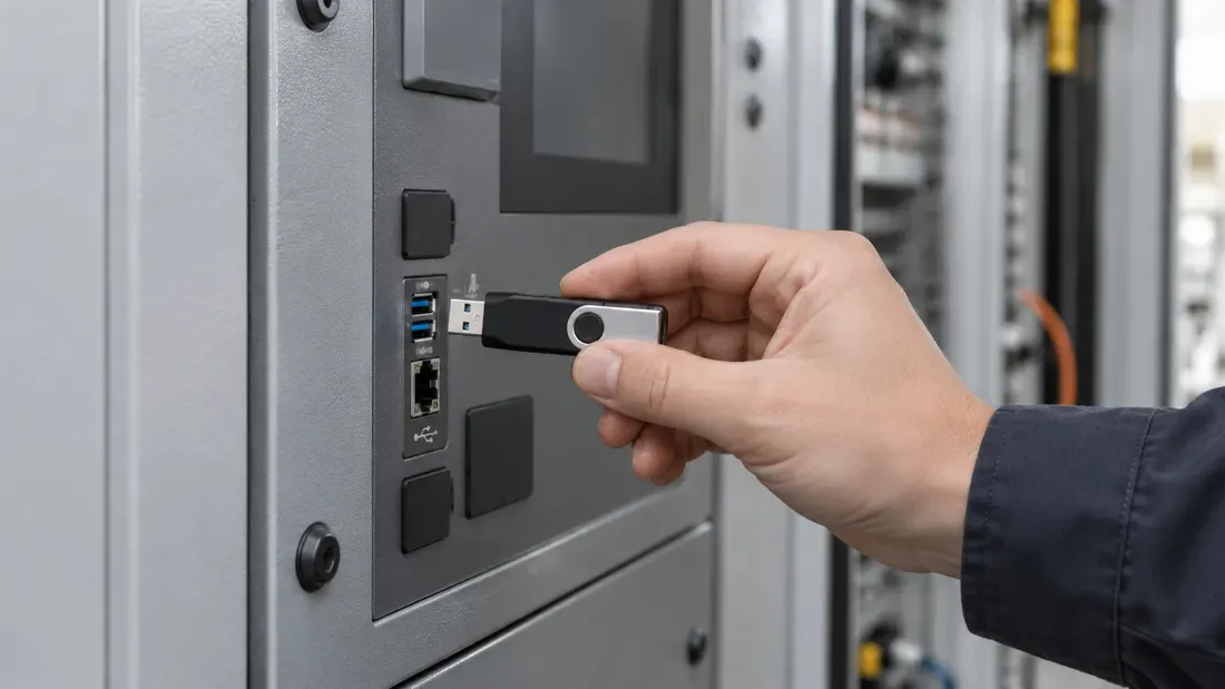Hand bringing a USB service drive toward a matching device port