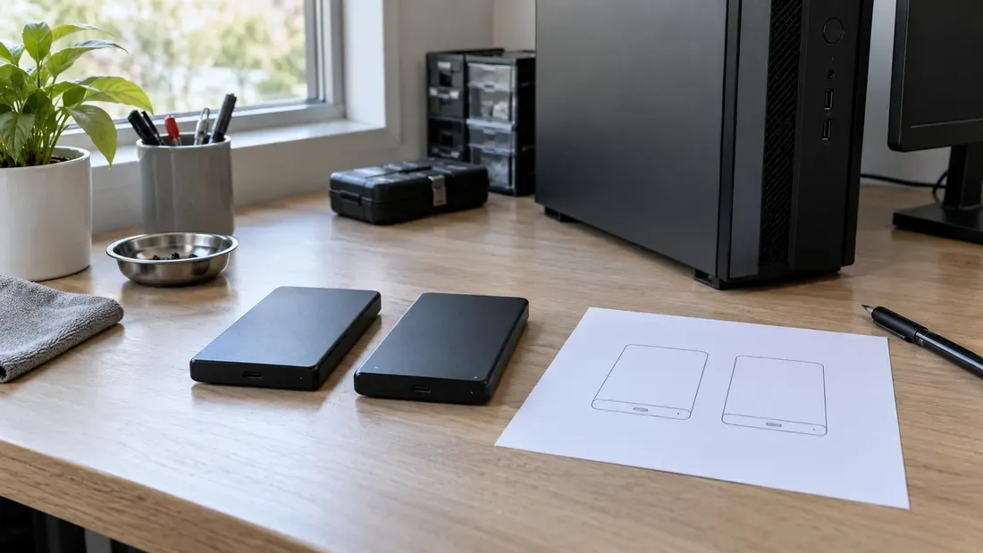 Two enclosed external SSDs beside a blank identifier comparison sheet