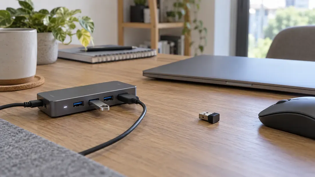 USB hub and wireless receiver on the same desktop
