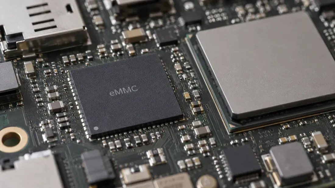 Soldered eMMC package and processor on an embedded board