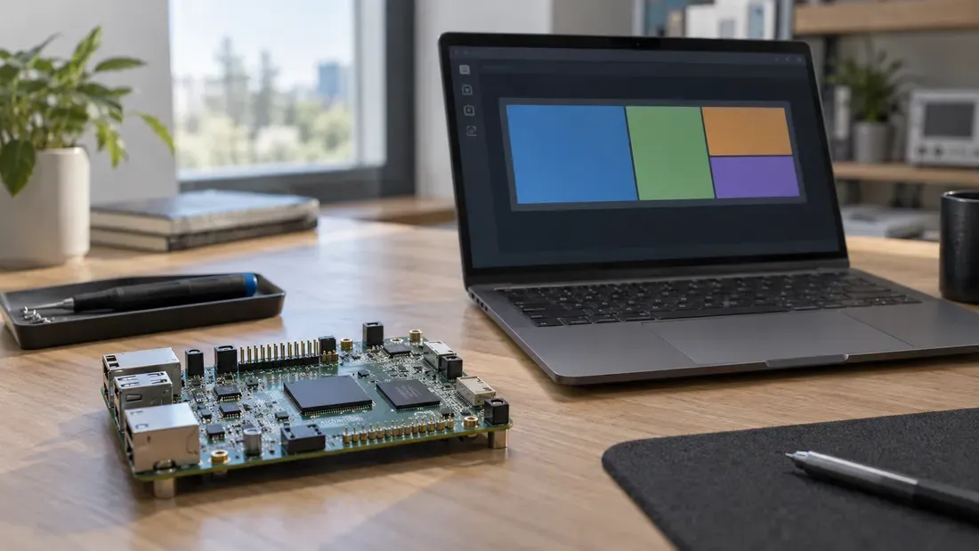 Embedded board beside a laptop with a conceptual partition layout