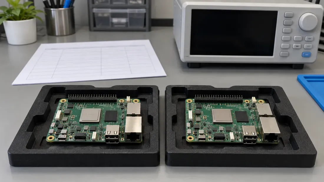 Two unpowered embedded boards beside a dark measurement instrument