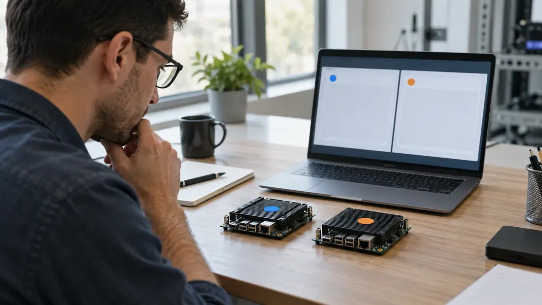 Two embedded boards beside a laptop with blank comparison panels