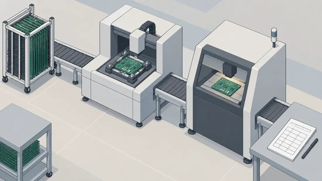 Conceptual illustration of programming and inspection stations with boards in fixtures