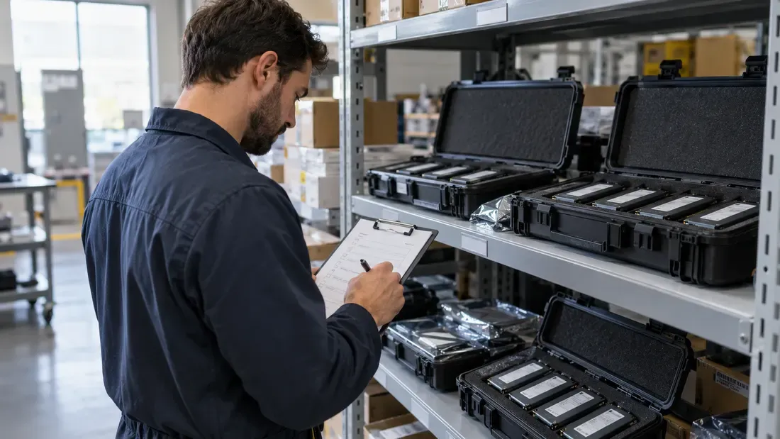 Worker checking protected spare SSDs on storage shelves