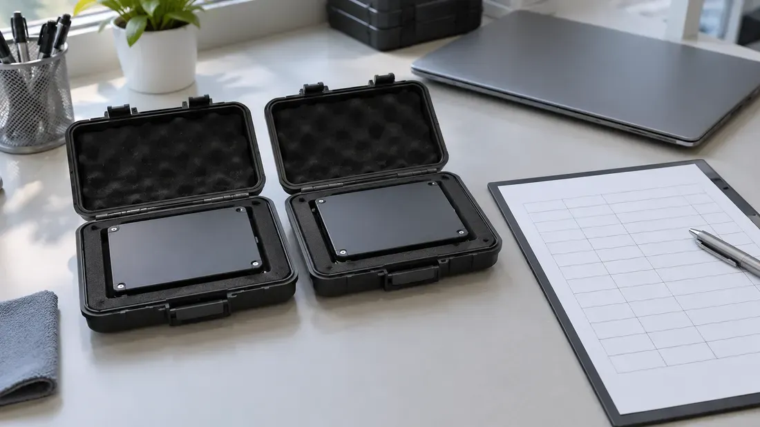 Two enclosed SSD samples beside a blank lot comparison sheet