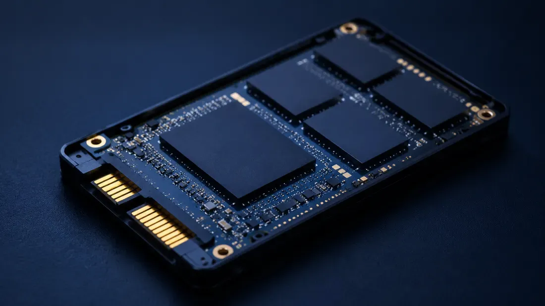 Uncovered SSD circuit board showing flash packages and a SATA connector