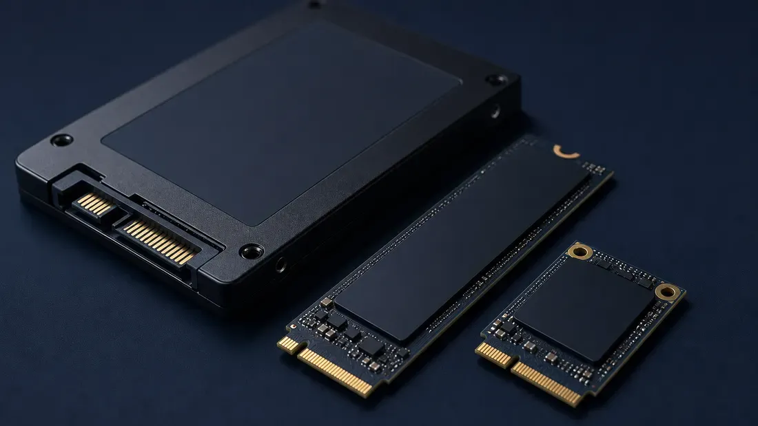 A 2.5-inch SATA SSD, a long M.2 module and a shorter storage module arranged side by side