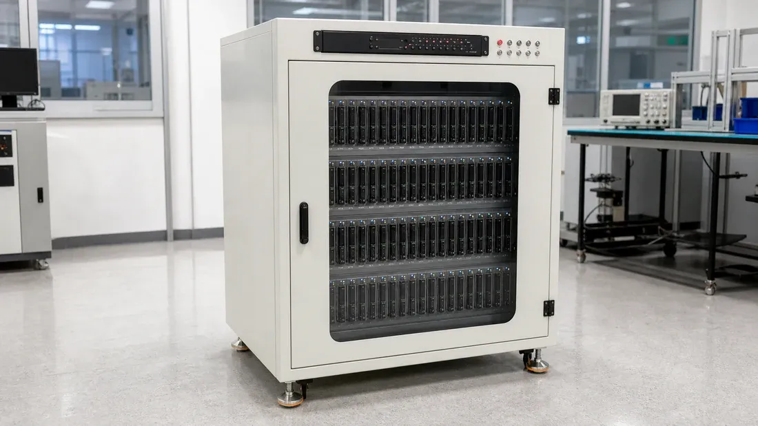 Cabinet-style SSD burn-in system with multiple test bays and power-cycle controls in a reliability laboratory