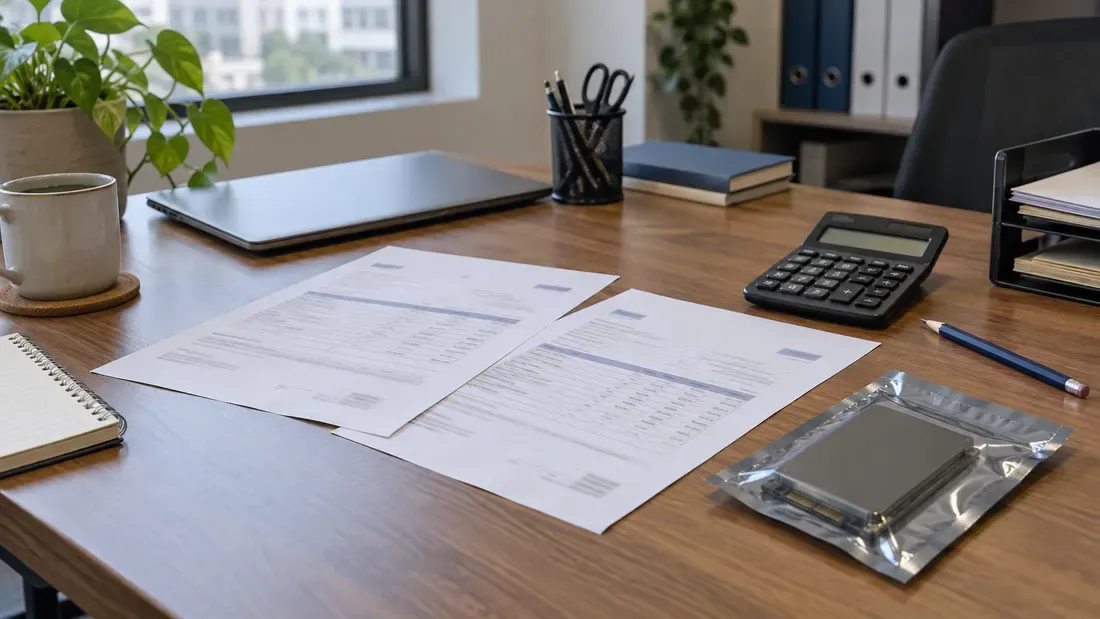 Two anonymous quote sheets, a calculator and a sealed SSD pouch on a procurement desk