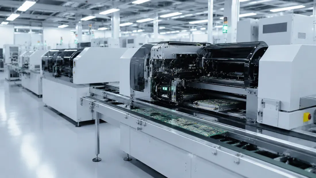 Rows of automated electronics assembly machines on a production floor