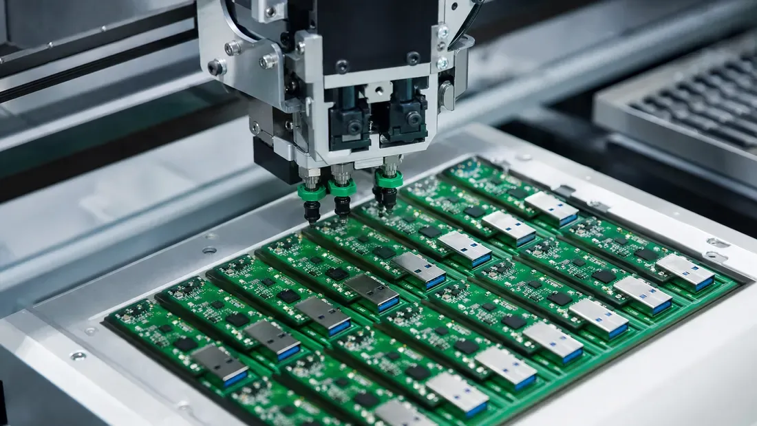 Automated assembly head positioned over a panel of green USB-module circuit boards