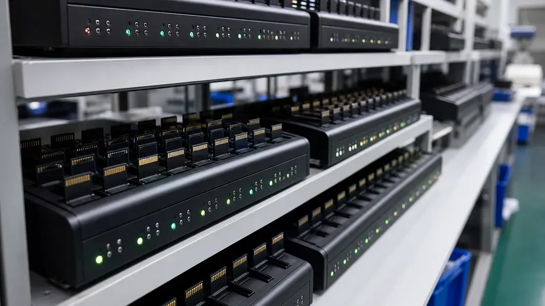 Rows of storage-device test fixtures with illuminated status indicators