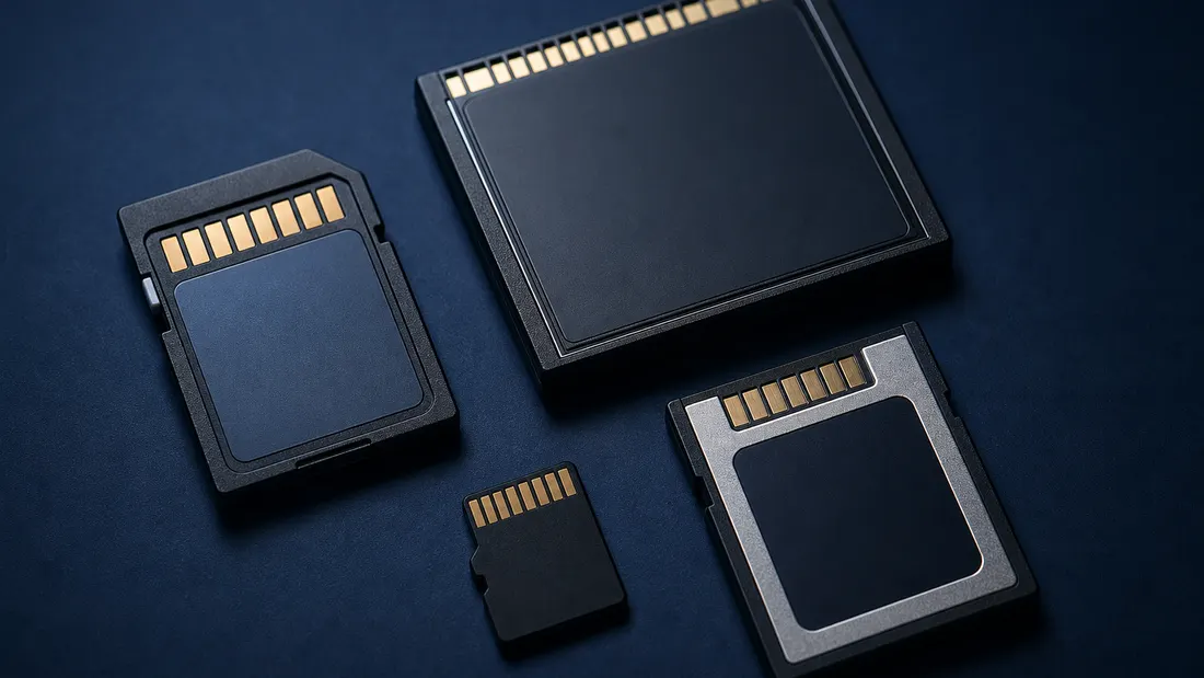 SD, microSD, CompactFlash and CFexpress memory cards arranged on a dark surface