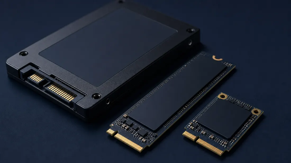 Uninstalled 2.5-inch SATA SSD showing the short L-keyed 7-pin data connector and wider 15-pin power connector beside M.2 SSD form factors