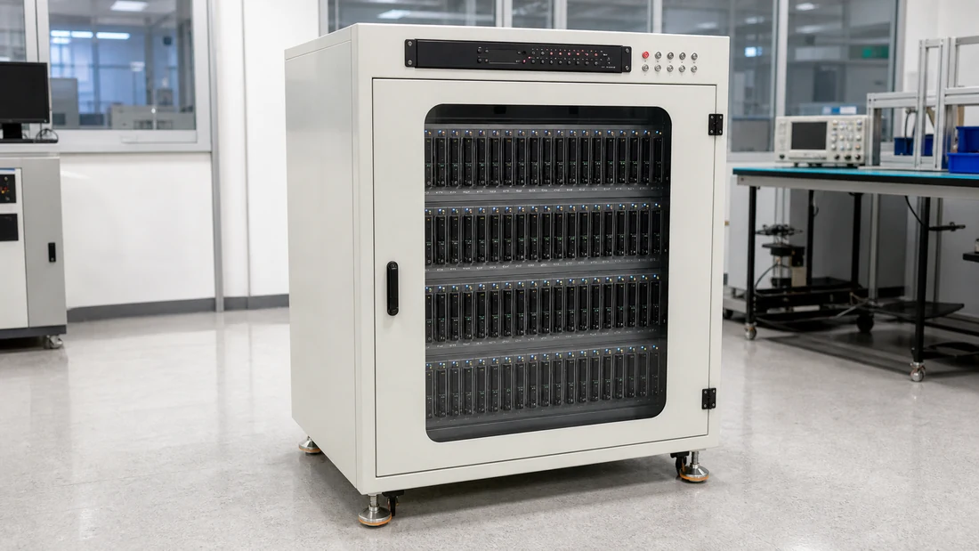 Cabinet-style SSD burn-in system with multiple test bays and power-cycle controls in a reliability laboratory